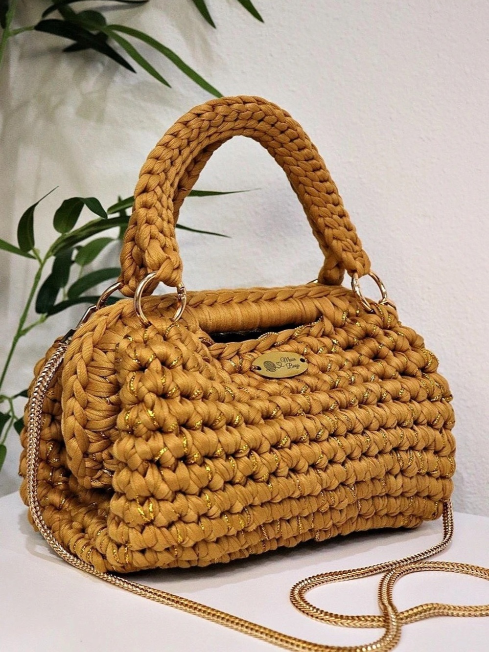 Handmade Crochet Handbag – Camel & Gold Crossbody Purse